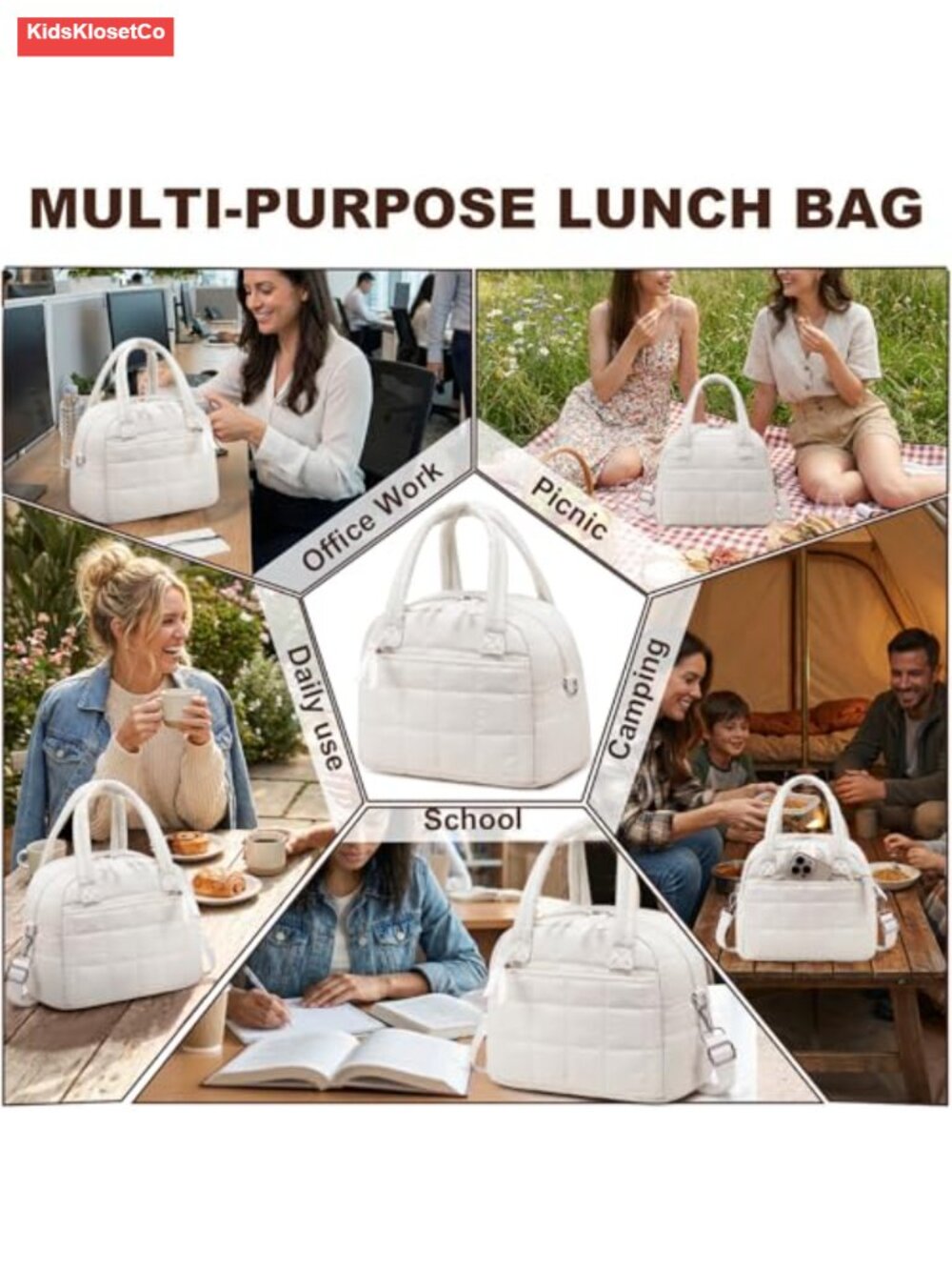 Quilted Insulated Lunch Bag Water-Resistant Puffy Tote Adjustable Strap - Picture 5 of 6